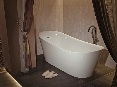Luxurious White Freestanding Bathtub in Modern Bathroom with Beige Tiled Walls Dark Curtains and Slippers 3d model