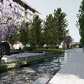 Modern Building Garden Landscape With Water Pool Steps And Green Trees
