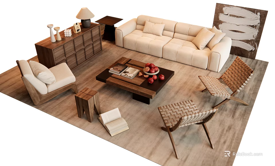 Modern Living Room Sofa Coffee Table Set With Woven Armchairs And Wooden Side Tables 3d model 