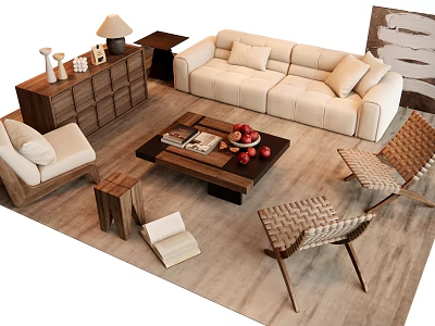 Modern Living Room Sofa Coffee Table Set With Woven Armchairs And Wooden Side Tables 3d model