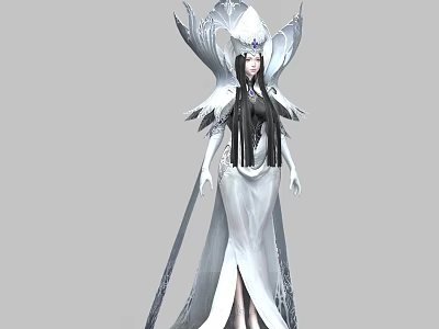 Game Movie Character With Elegant White Outfit Intricate Headdress And Black Long Hair 3d model