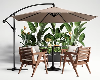 Outdoor Wooden Table And Chair Set With Curved Umbrella And Lush Green Plants 3d model