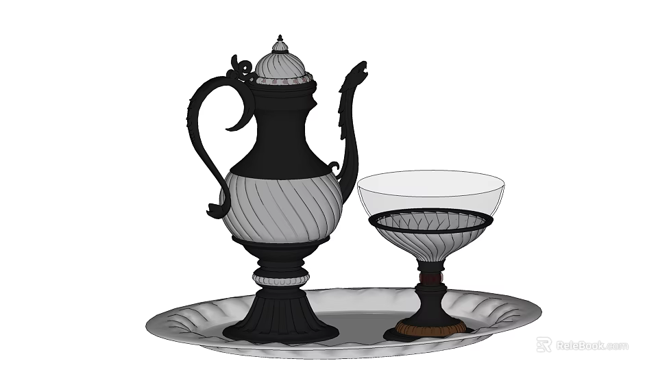 Elegant Wine Decanter And Glass On Decorative Silver Tray With Intricate Patterns 3d model 