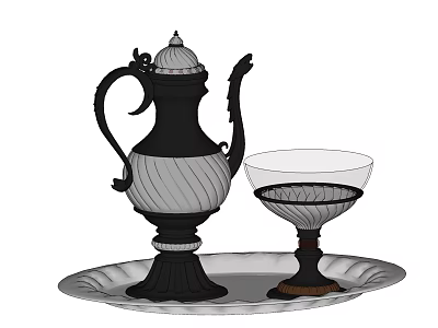 Elegant Wine Decanter And Glass On Decorative Silver Tray With Intricate Patterns 3d model