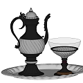 Elegant Wine Decanter And Glass On Decorative Silver Tray With Intricate Patterns
