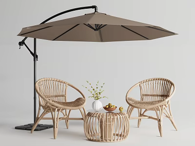 Outdoor Rattan Round Table with Chairs and Sunshade Umbrella for Garden Patio Leisure 3d model