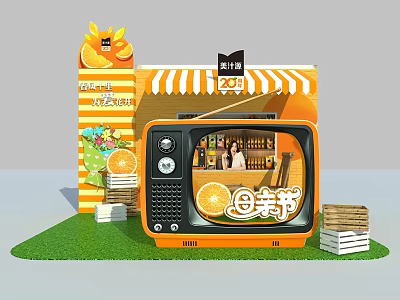 Vibrant Orange TV Shaped Photo Check-in Spot With Perfect Festival Decorations And Green Grass 3d model