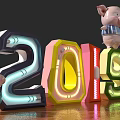 Decorative Colorful Illuminated 2019 Numbers With Pig Dolls On Wooden Floor