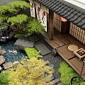 Traditional Japanese Garden With Stone Steps Small Waterfall Red Lantern Wooden Sliding Doors And Moss