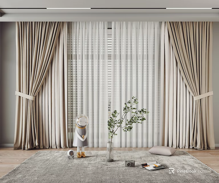 Beige Double Layer Curtains With Tiebacks And Green Plant In Living Room 3d model 