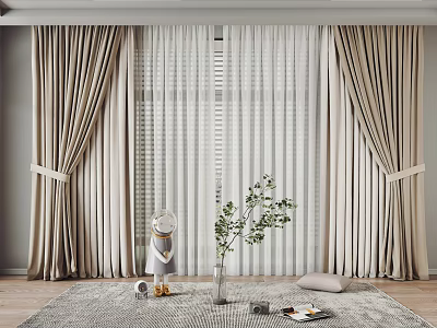 Beige Double Layer Curtains With Tiebacks And Green Plant In Living Room 3d model