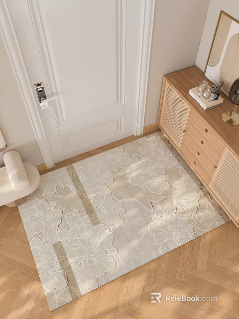Wooden Console Table In Entryway With Floral Rug And Decor Items On Top 3d model 