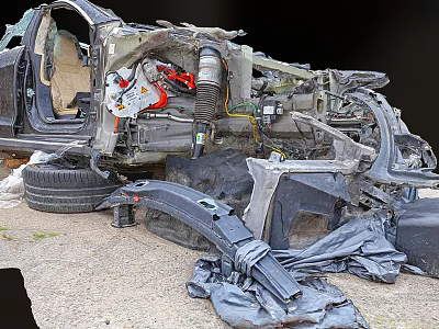 Helicopter Wreckage With Damaged Parts And Debris Scattered On Ground After Accident 3d model