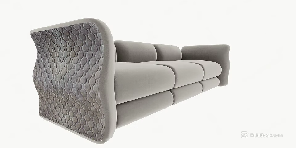 Gray Three Seater Sofa With Modern Design And Hexagonal Patterned Arms 3d model 