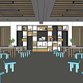 School Classroom Interior With Tables Blue Stools Shelves Blackboard And Plants