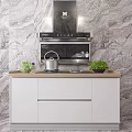 Modern Kitchen With Range Hood Gas Stove Marble Wall Green Plants And Pot
