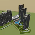 Modern High Rise Residential Community With Central Water Feature Green Areas And Road
