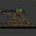 Ancient Siege Weapon With Wooden Frame Glowing Green Component And Wheels