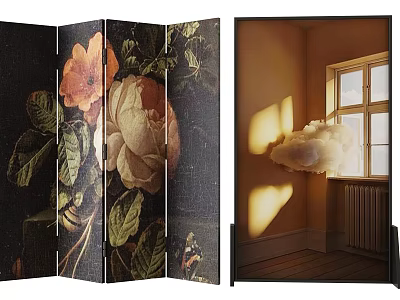 Decorative Floral Pattern Room Divider With Large Roses And Green Leaves Design 3d model