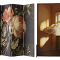 Decorative Floral Pattern Room Divider With Large Roses And Green Leaves Design