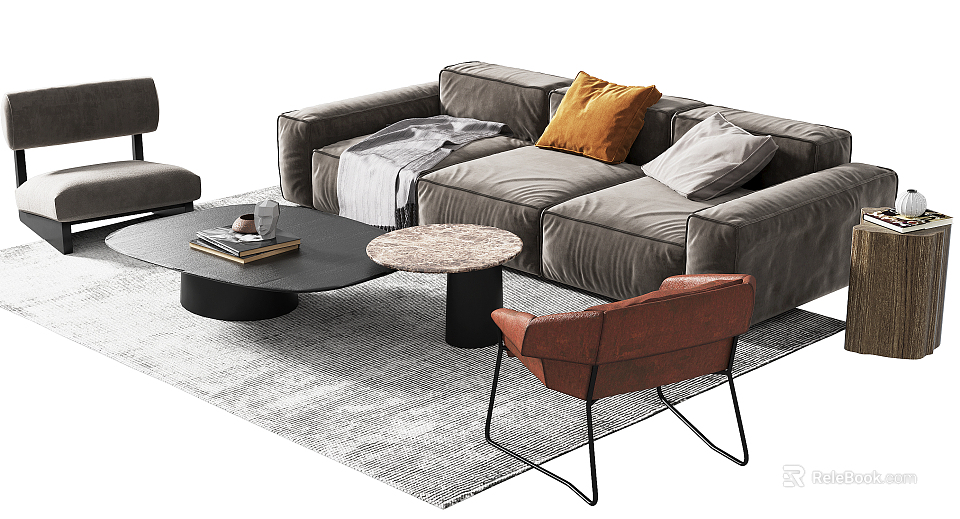 Modern Gray Sofa And Coffee Table Set With Colorful Pillows Soft Blanket And Accent Armchair 3d model 