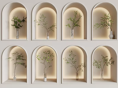 Interior Wall With Arched Niches Holding Decorative Vases And Fresh Green Plants With Warm Lighting 3d model