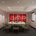 Modern Restaurant Interior With Wooden Tables Chairs Red Green Walls And Pendant Lights