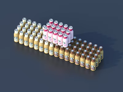 Yellow Pink And Brown Beverage Bottles In Stacked Arrangement Displayed On Dark Background 3d model