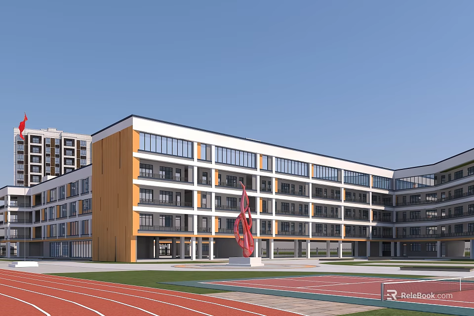 Modern School Building With Orange And White Exterior Red Sculpture And Red Running Track 3d model 