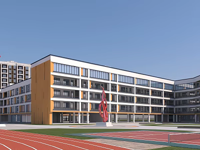Modern School Building With Orange And White Exterior Red Sculpture And Red Running Track 3d model