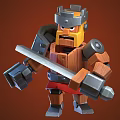 Red And Orange Armored Warrior Character With Gray Helmet And Sword In