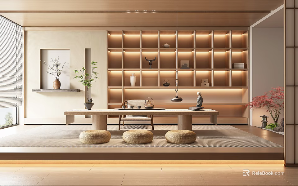 Japanese Zen Tea Room Interior With Illuminated Wooden Shelves Tea Sets And Floor Cushions 3d model 