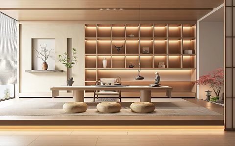 New Chinese Tea Room Tatami Tea Room Tea Room Cabinet Tea Table and Chair Futon Tea Set 3d model