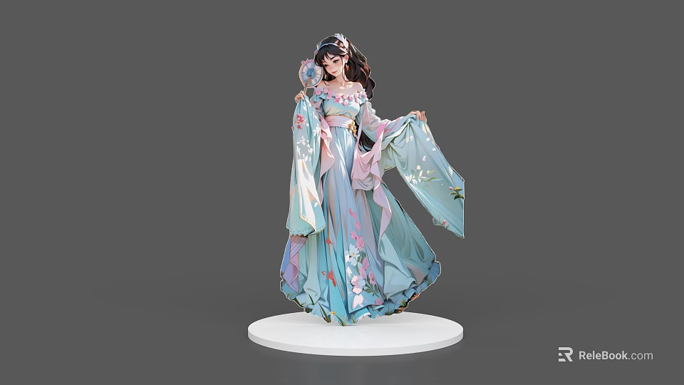 Game Movie Character Female Figure In Traditional Floral Robe With Flowing Sleeves And Fan 3d model 