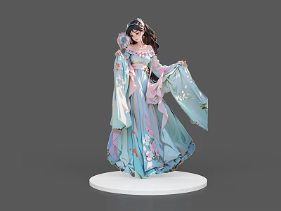 Game Movie Character Female Figure In Traditional Floral Robe With Flowing Sleeves And Fan 3d model