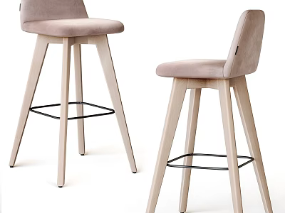 Modern Bar Stools With Light Pink Upholstered Seat Wooden Legs And Black Crossbar 3d model