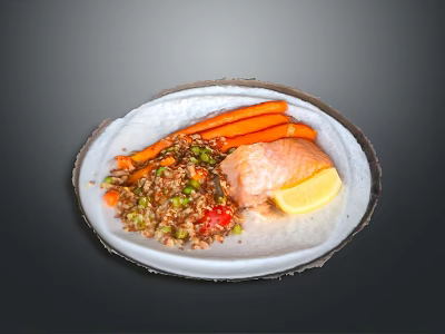Healthy Salmon Fillet With Carrots Quinoa Peas Tomato And Lemon On Plate 3d model