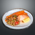 Healthy Salmon Fillet With Carrots Quinoa Peas Tomato And Lemon On Plate