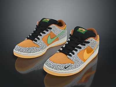 Stylish Casual Sneakers with Orange Green Black Color Block Leopard Print Pattern and Nike Logo 3d model