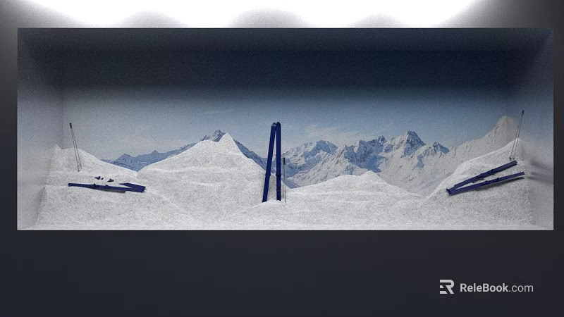 Creative Winter Window Display With Snowy Mountain And Blue Structures 3d model 