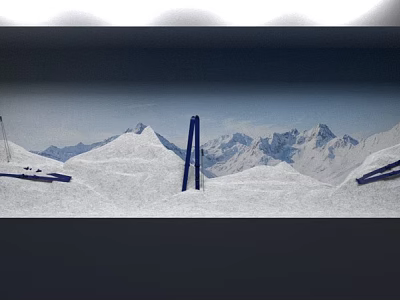Creative Winter Window Display With Snowy Mountain And Blue Structures 3d model