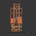 Vintage Orange Industrial Forklift Parked On Red Platform With Gray Background