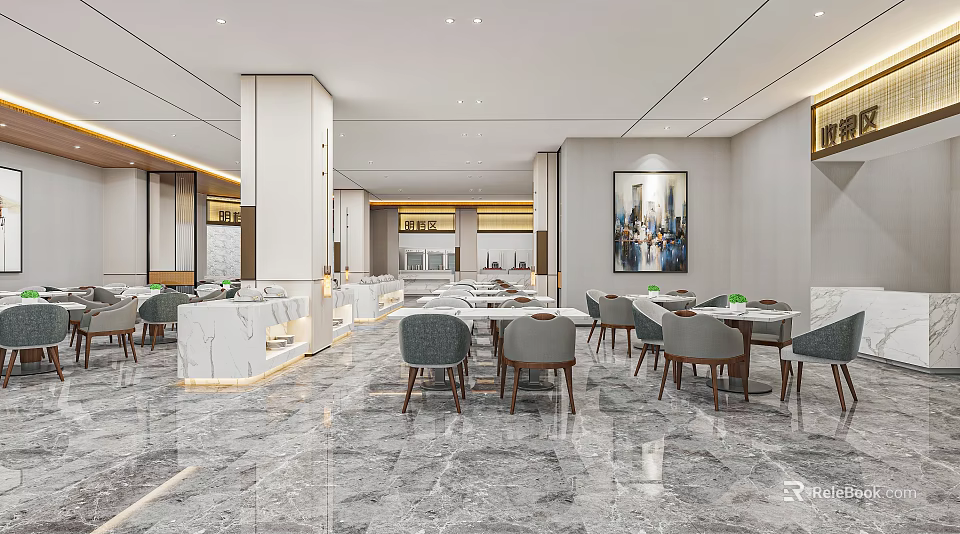 Modern Restaurant Interior Design With Spacious Bright Marble Dining Tables Chairs And Wall Art 3d model 