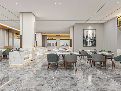 Modern Restaurant Interior Design With Spacious Bright Marble Dining Tables Chairs And Wall Art 3d model