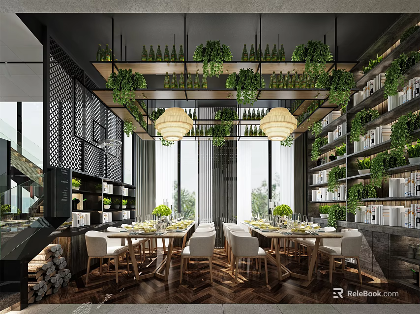 Modern Restaurant Interior With Hanging Green Plants Pendant Lights Large Windows And Dining Tables 3d model 