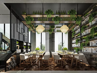 Modern Restaurant Interior With Hanging Green Plants Pendant Lights Large Windows And Dining Tables 3d model