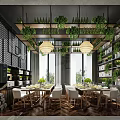 Modern Restaurant Interior With Hanging Green Plants Pendant Lights Large Windows And Dining Tables