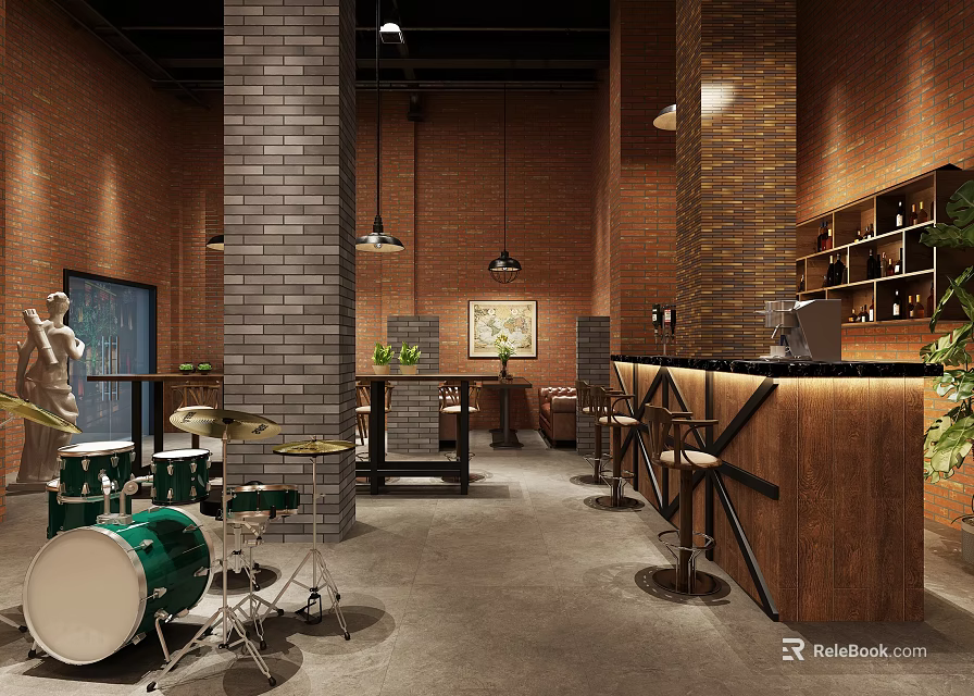 Cafe With Red Brick Walls Gray Pillars Black Pendant Lights Wooden Bar And Drum Set 3d model 