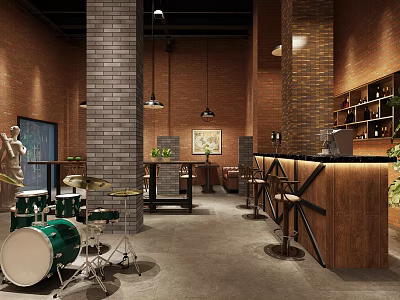 Cafe With Red Brick Walls Gray Pillars Black Pendant Lights Wooden Bar And Drum Set 3d model