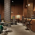 Cafe With Red Brick Walls Gray Pillars Black Pendant Lights Wooden Bar And Drum Set